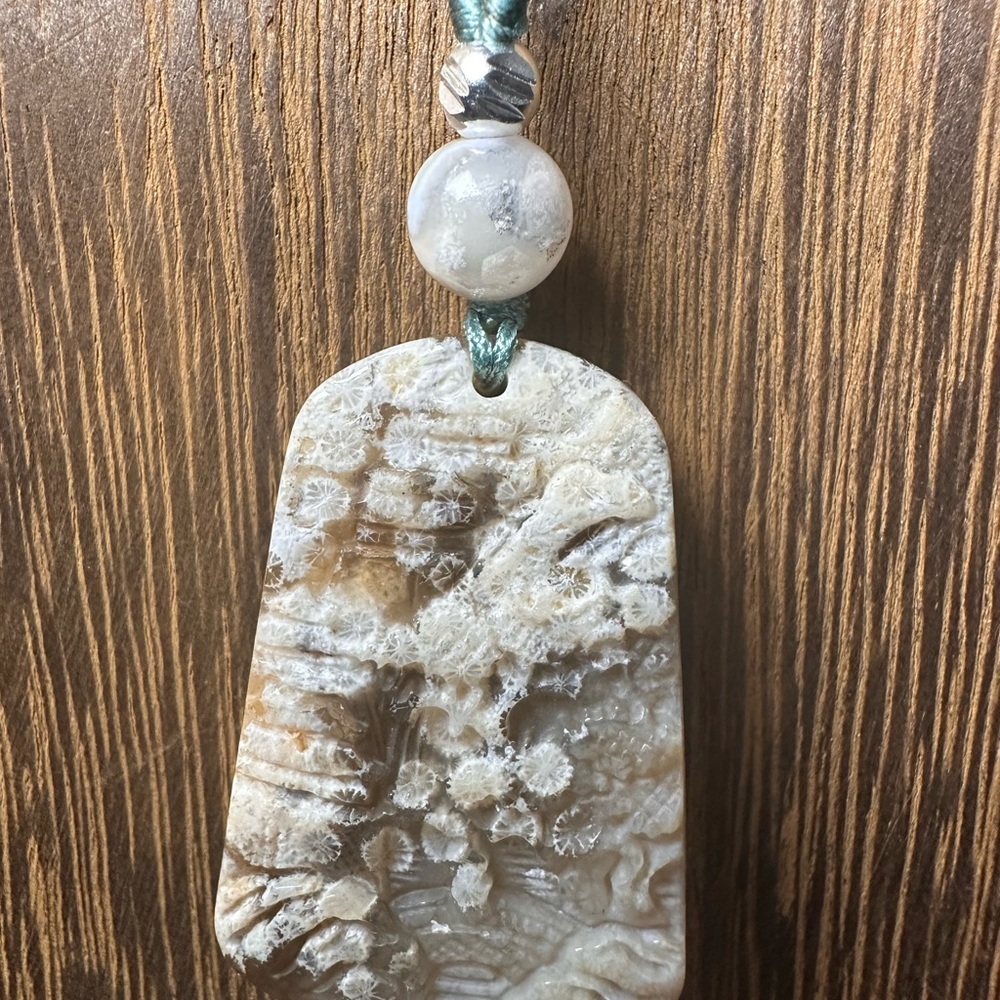 Coral Fossil Flower Agate Landscape Carving Pendant Necklace on Green Lotus Rope - Picture 4 of 10